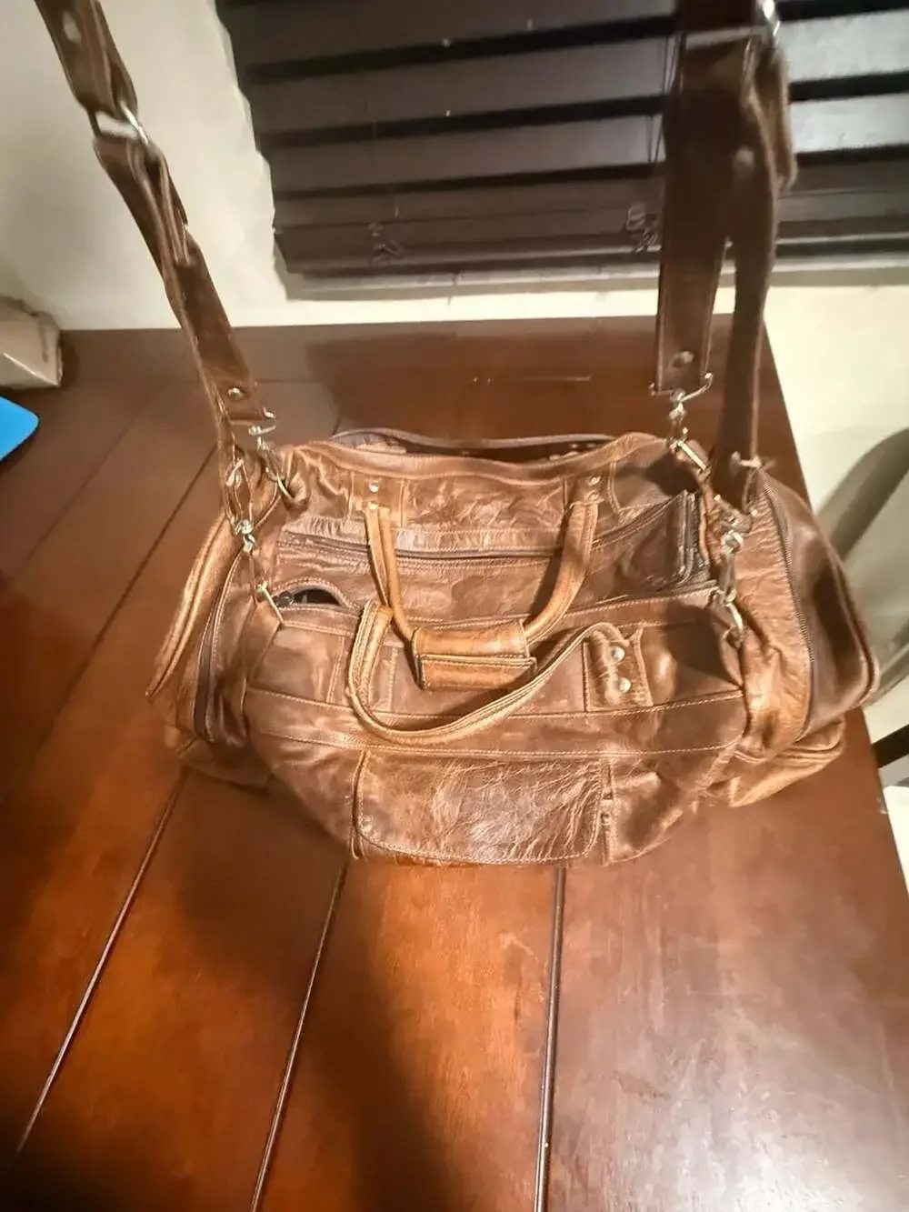 Vintage Distressed Brown Genuine Leather Duffel Travel Bag Made in Mexico